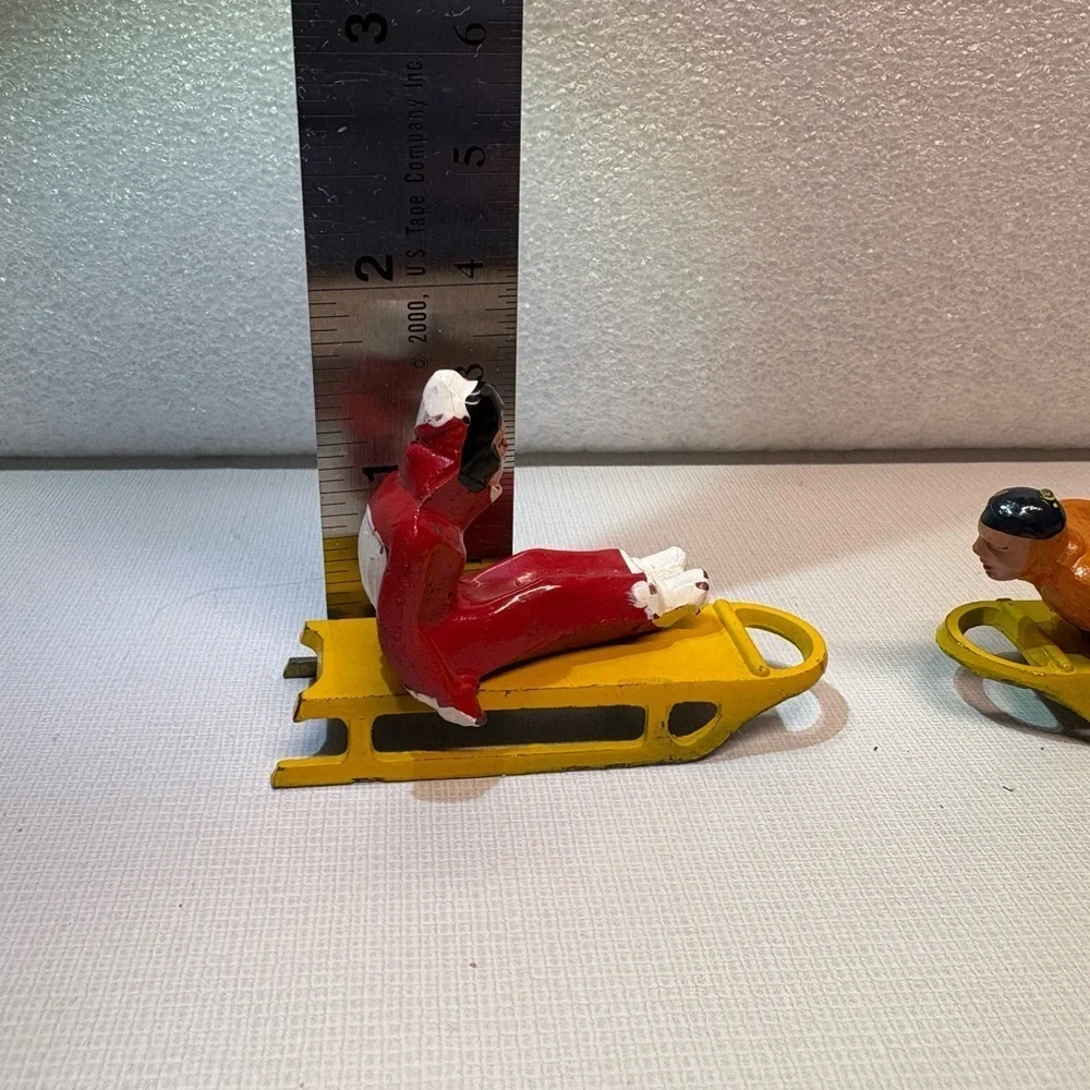 2 Vintage Barclay Sledding Sledders Figurines Christmas Winter Village Decor